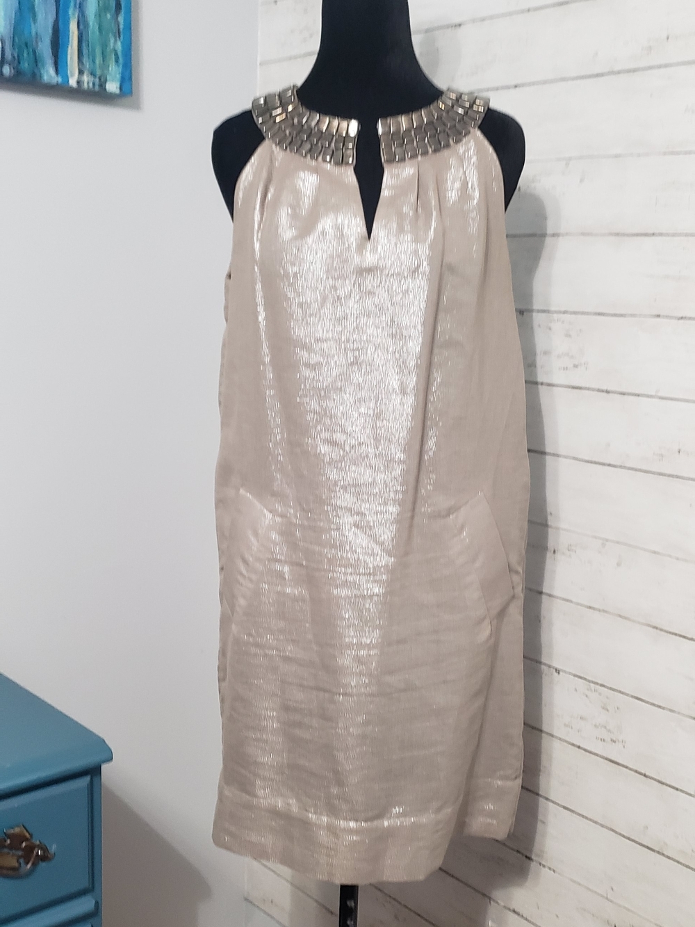 WALTER Vintage Beaded Collar Shift Mini Dress Metallic Champagne Small Pockets